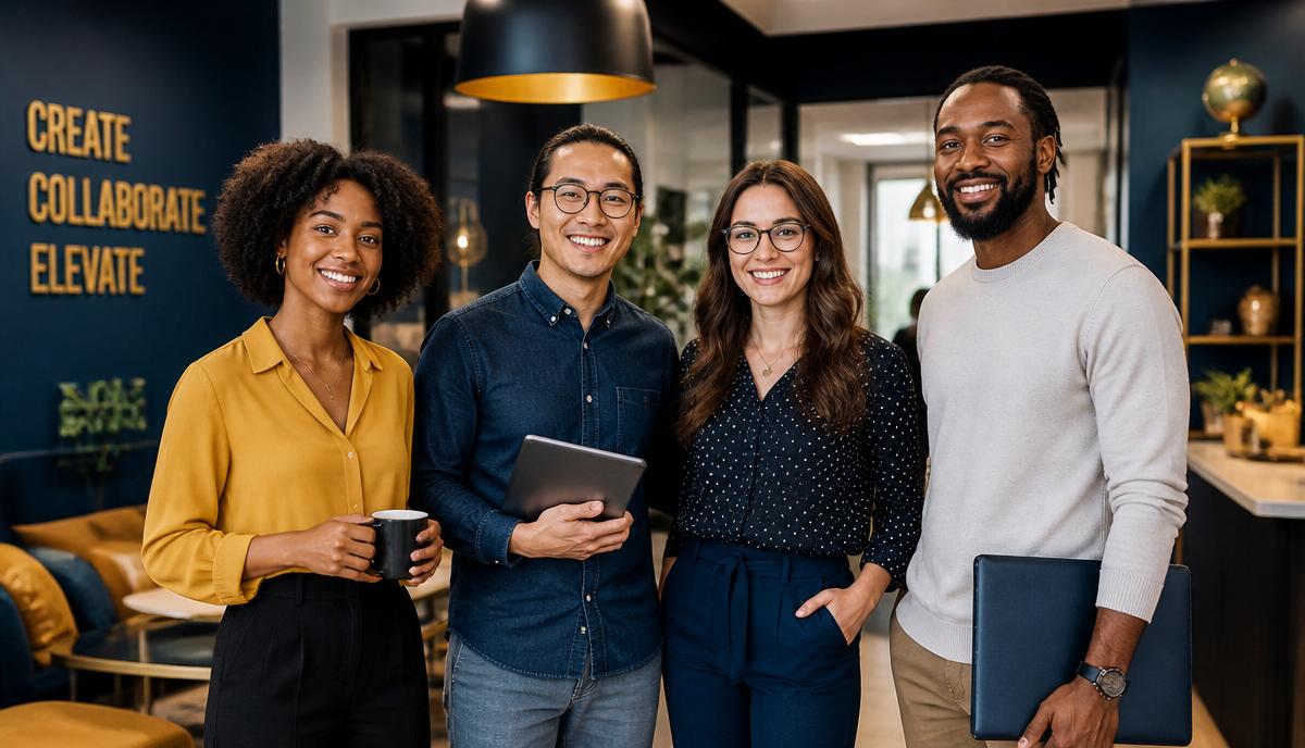 Four diverse professionals standing together in a modern coworking space